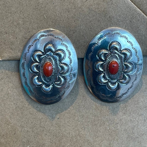 Navajo stamped coral oval CLIP earrings, Traditional stamped Navajo silver earrings with coral stone (SC12)