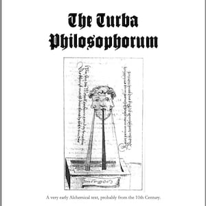 Puede incluir: Ilustración en blanco y negro de "The Turba Philosophorum", un texto alquímico antiguo. La imagen presenta un dibujo de una figura de dos caras con texto en fuente gótica. El texto de abajo describe el origen del texto.