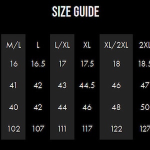 May include: Size guide chart for clothing with measurements in inches and centimeters. The chart shows collar size, chest to fit, and corresponding sizes from S to 6XL.