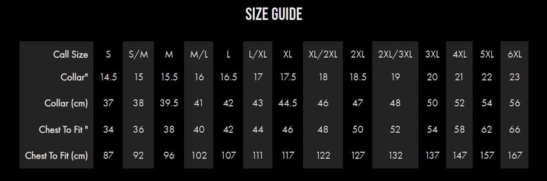 May include: Size guide chart for clothing with measurements in inches and centimeters. The chart shows collar size, chest to fit, and corresponding sizes from S to 6XL.