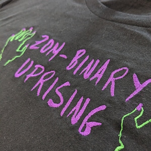 Zom-Binary Uprising- Embroidered T-shirt in purple and green zombie hand non-binary pride halloween painted nails