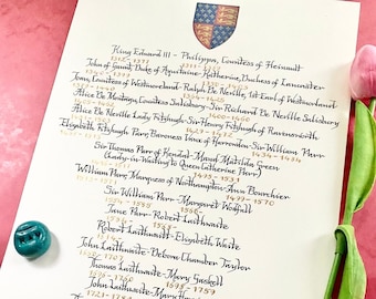 Árbol genealógico caligráfico, arte genealógico personalizado, linaje manuscrito