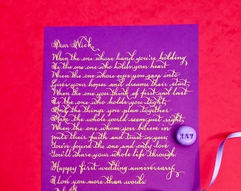 Carta de caligrafía, Regalo púrpura, Carta manuscrita, Caligrafía de oro, Servicio de caligrafía, Votos escritos a mano, Carta púrpura, Carta de tinta dorada