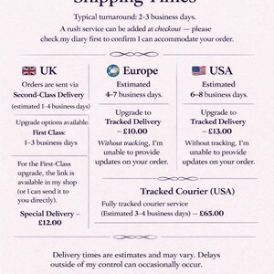 May include: A white informational card with dark purple text titled Turnaround & Shipping Times. It outlines business day estimates for the UK, Europe, and the USA, including upgrade options for tracked delivery and courier services, ending with @calligraphybykayw.