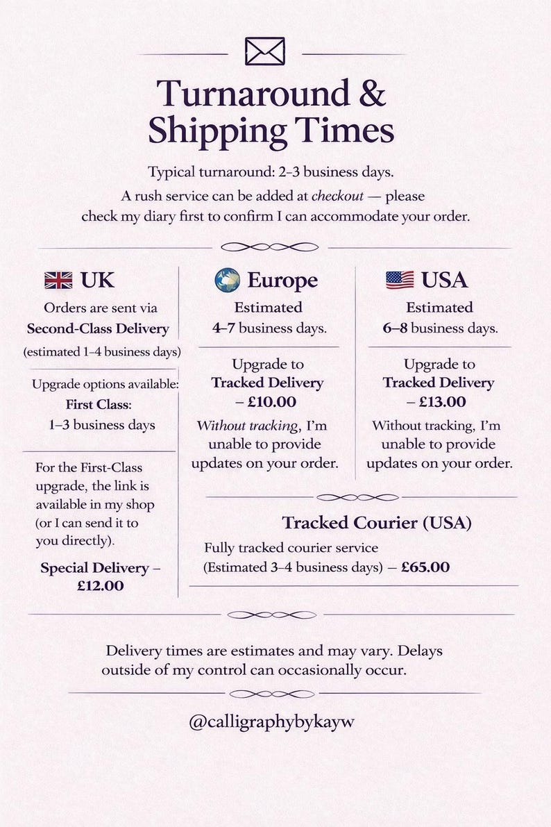 May include: A white informational card with dark purple text titled Turnaround & Shipping Times. It outlines business day estimates for the UK, Europe, and the USA, including upgrade options for tracked delivery and courier services, ending with @calligraphybykayw.
