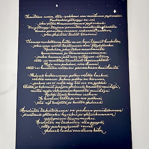 Caligrafía dorada sobre cartulina azul marino / Carta o poema personalizado imagen 5