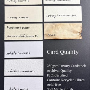 May include: A collection of rectangular cardstock samples in ivory and white, featuring various textures including smooth, hammered, linen, leather-look, parchment, and aged finishes. Text labels identify each type, and specifications include 250gsm, archival quality, FSC certified, recycled fibers, acid-free, and soft matte finish.