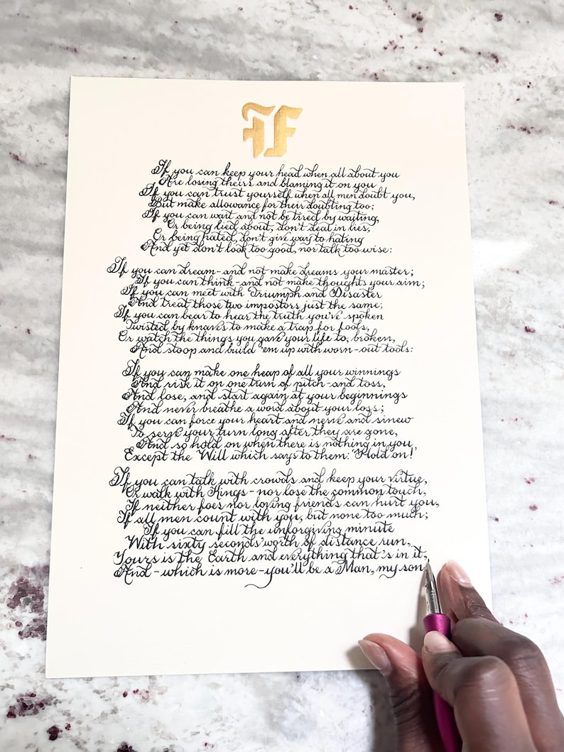 May include: A cream-colored paper sheet featuring the poem If by Rudyard Kipling written in black calligraphy. At the top, a gold-colored FF monogram is printed. The text is written in a cursive script style, and the paper is rectangular.