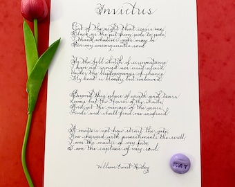 Handwritten Calligraphy 'Invictus' Poem Print: Inspirational Gift