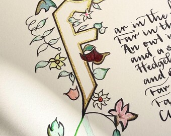 Drop Cap Bespoke illustration and calligraphy: Handwritten Love Letter, Custom poem