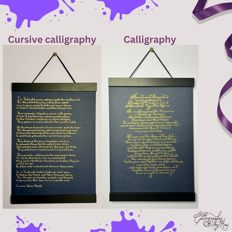 Puede incluir: Dos tapices verticales de papel azul oscuro con caligraf&iacute;a en tinta dorada. Cada pieza se sujeta con barras magn&eacute;ticas de madera negra en la parte superior e inferior, suspendidas por un cordel negro. El texto incluye narrativas personales.