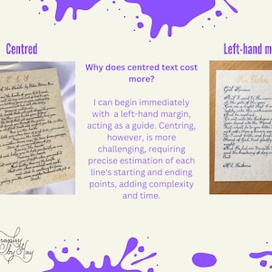 Puede incluir: Dos ejemplos de caligraf&iacute;a sobre papel. El documento de la izquierda presenta texto centrado titulado Blessing of the Hands. El documento de la derecha presenta texto alineado a la izquierda titulado God Knows. Ambos documentos muestran tinta negra.