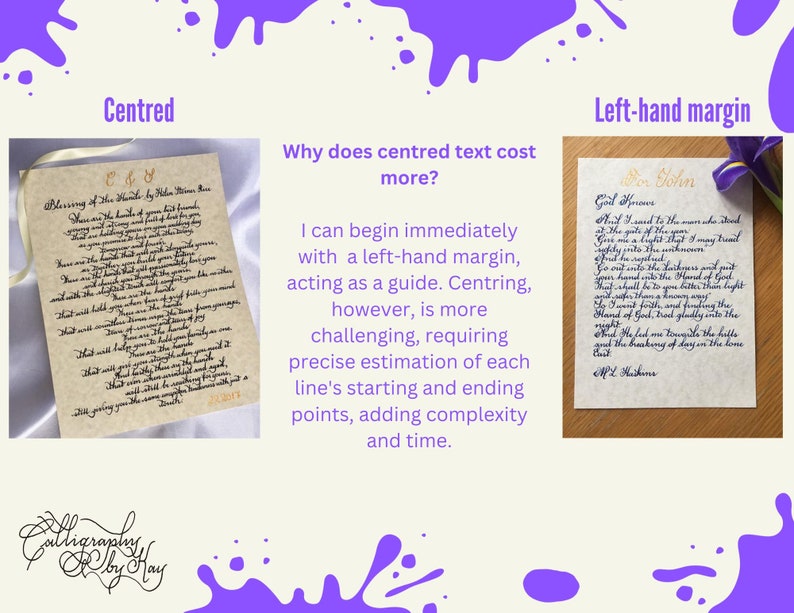 Puede incluir: Dos ejemplos de caligraf&iacute;a sobre papel. El documento de la izquierda presenta texto centrado titulado Blessing of the Hands. El documento de la derecha presenta texto alineado a la izquierda titulado God Knows. Ambos documentos muestran tinta negra.