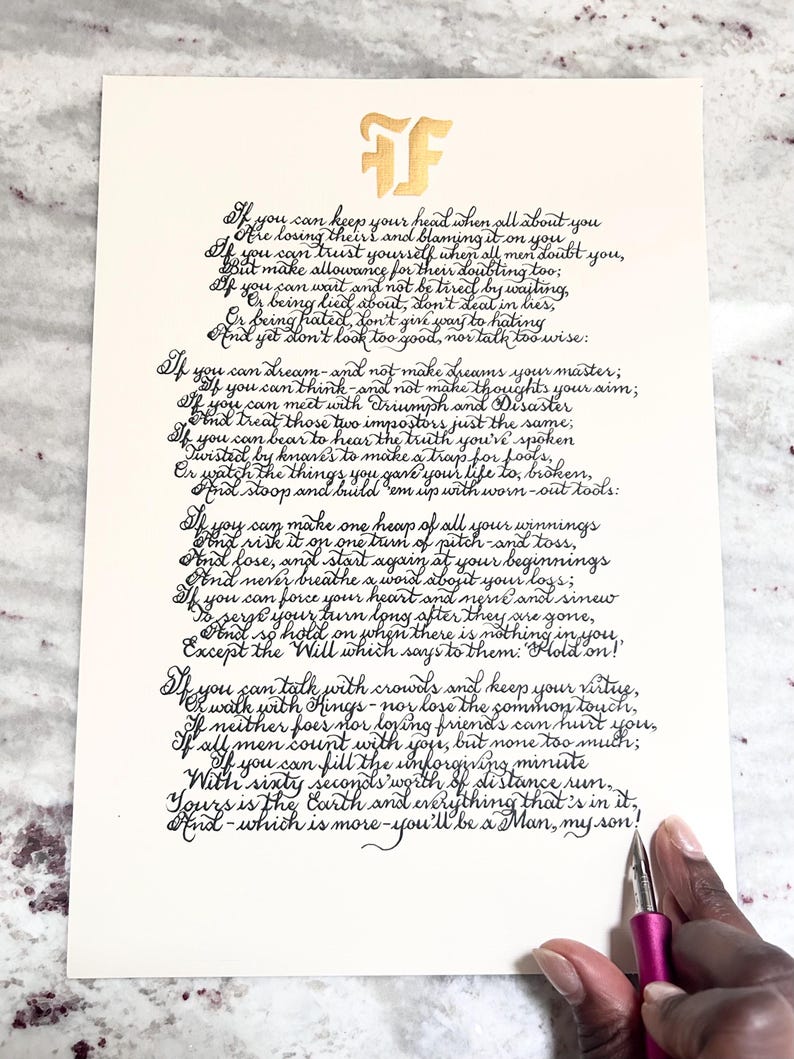 May include: A cream-colored paper sheet featuring the poem If by Rudyard Kipling written in black calligraphy ink. At the top, a gold-colored logo displays the letters FF. A pink fountain pen is positioned at the bottom right corner of the paper.