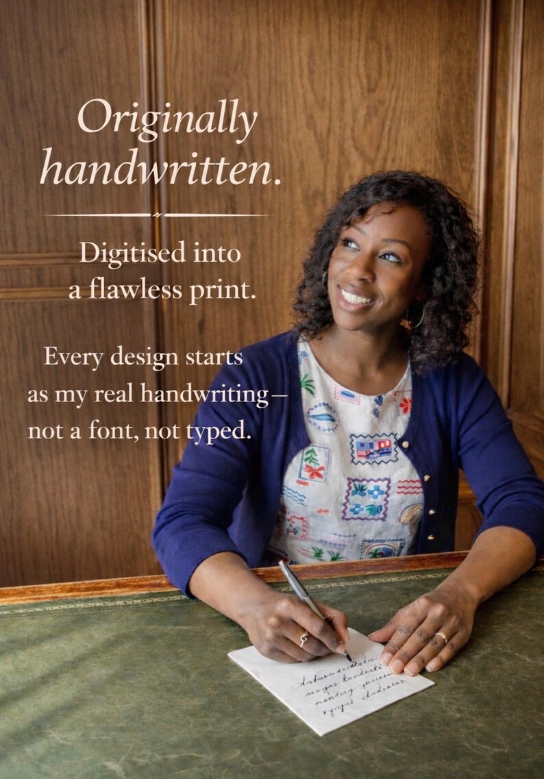 May include: A navy blue cardigan worn over a white top with a colorful postage stamp pattern. The text reads: Originally handwritten. Digitised into a flawless print. Every design starts as my real handwriting&mdash;not a font, not typed.