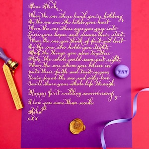 Carta de caligrafía, regalo morado, carta escrita a mano, caligrafía dorada, servicio de caligrafía, votos escritos a mano, letra morada, letra con tinta dorada