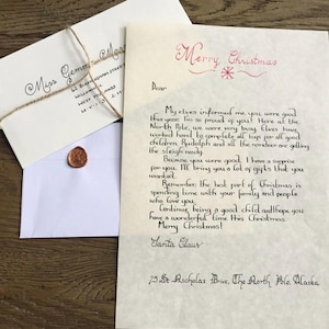Lettre personnalisée du père Noël pour Noël, note de Noël manuscrite, enveloppe et ficelle scellées à la cire, cadeau Noël en papier parchemin pour enfants