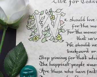 Drop Cap Bespoke illustration and calligraphy: Handwritten Love Letter, Custom poem