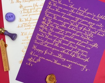 Papel morado con caligrafía dorada manuscrita en tamaño A4 / 8x10" / A5. Regalo ideal en color morado, perfecto para Navidad, cumpleaños o aniversario.