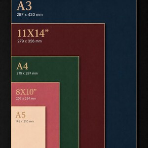 May include: A size chart displaying five rectangular paper sheets in descending order. The sizes are A3 (297 x 420 mm), 11x14 inches (279 x 356 mm), A4 (210 x 297 mm), 8x10 inches (203 x 254 mm), and A5 (148 x 210 mm) in navy, maroon, green, pink, and beige.
