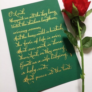 Carta de caligrafía, regalo verde, carta escrita a mano, caligrafía dorada, servicio de caligrafía, votos escritos a mano, letra verde, letra con tinta dorada