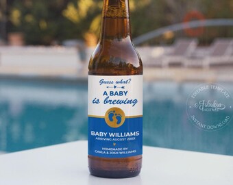 A Baby Is Brewing, Pregnancy Announcement Beer Label, Blue & White - Editable Template, Instant Download, DIY Print