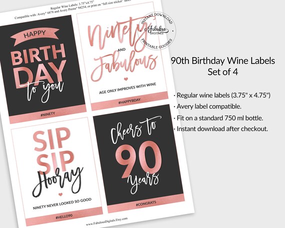 90th Birthday Wine Labels set of 4 Black-pink & Rose Foil ...