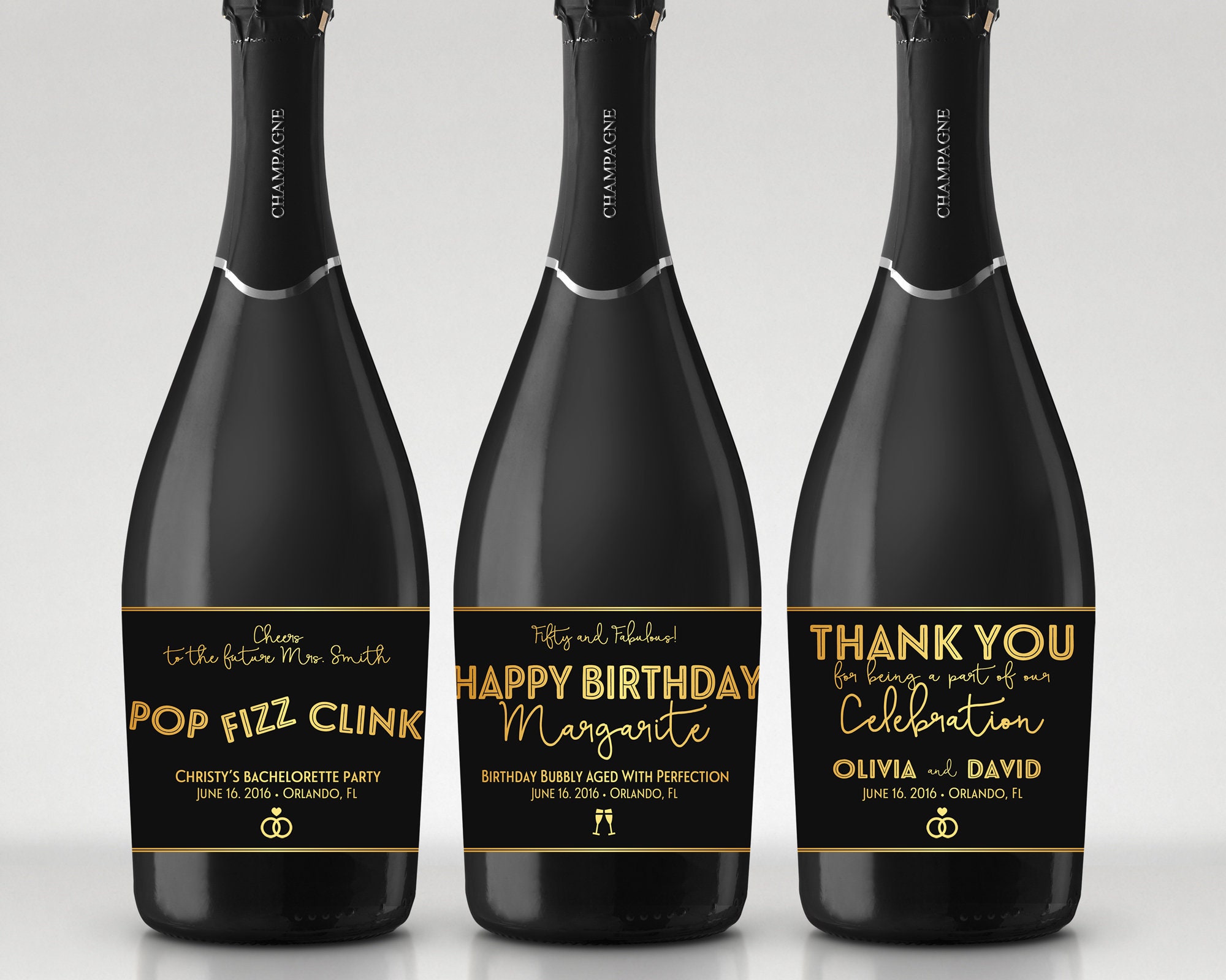 Custom Champagne Bottle Labels Black & Gold Full or Mini Etsy