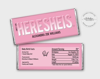 HERESHEIS - Birth Announcement Pink Candy Bar Wrapper, Baby Girl Chocolate Label - Editable Template, Instant Download