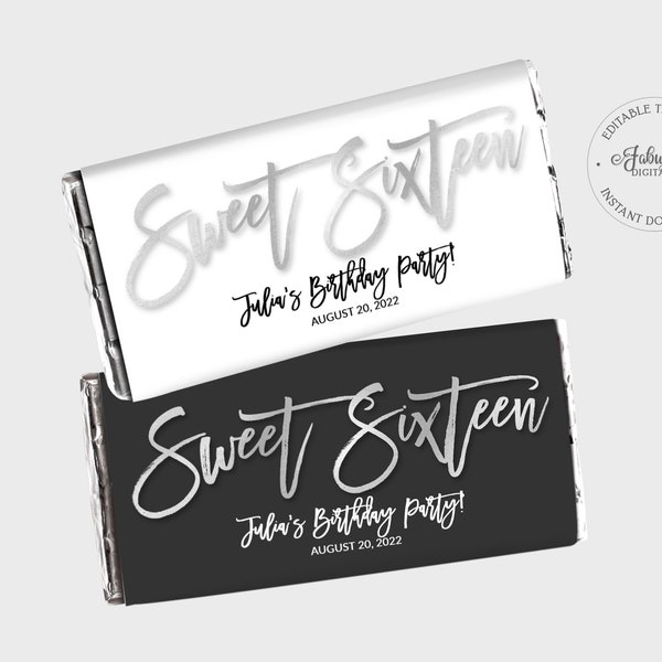 Sweet Sixteen Candy Wrapper, Sweet 16 Chocolate Label - Black-White & Silver Foil - DIY Print, Editable Template - #SFC