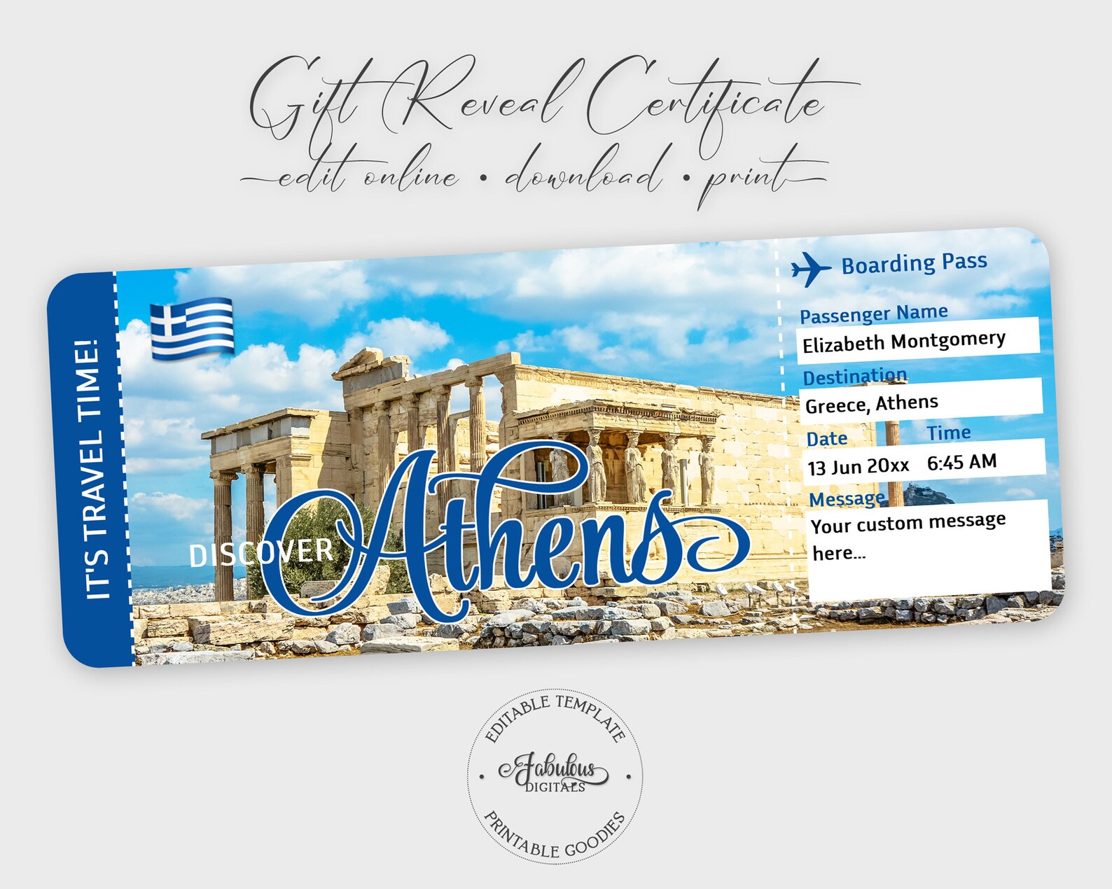 Athens Travel Ticket Greece Gift Ticket Custom Airplane Etsy