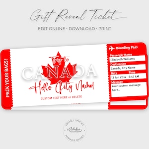 Billet de voyage Canada, billet cadeau Canada, billet d'avion personnalisé, carte d'embarquement Canada / impression DIY, modèle modifiable