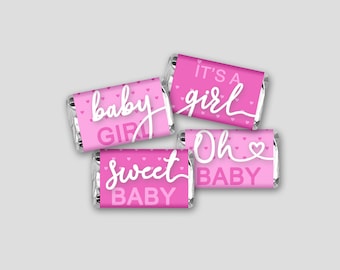 Mini godisbarspapper för babyshower - rosa hjärtan godisetiketter för babyflicka - gör-det-själv-utskrift, utskrivbar PDF, direktnedladdning