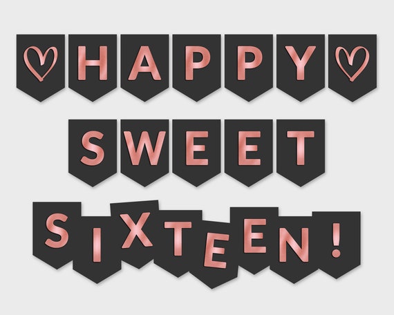 Happy Sweet Sixteen Printable Banner / Black & Rose Foil Flags - Etsy