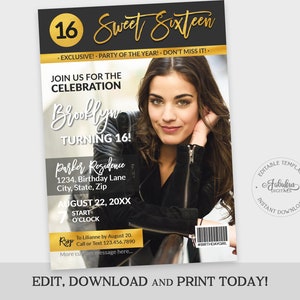 Sweet Sixteen Birthday Magazine Cover, Birthday Invitation, Printable Card, Editable Template, Instant Download - #GFC