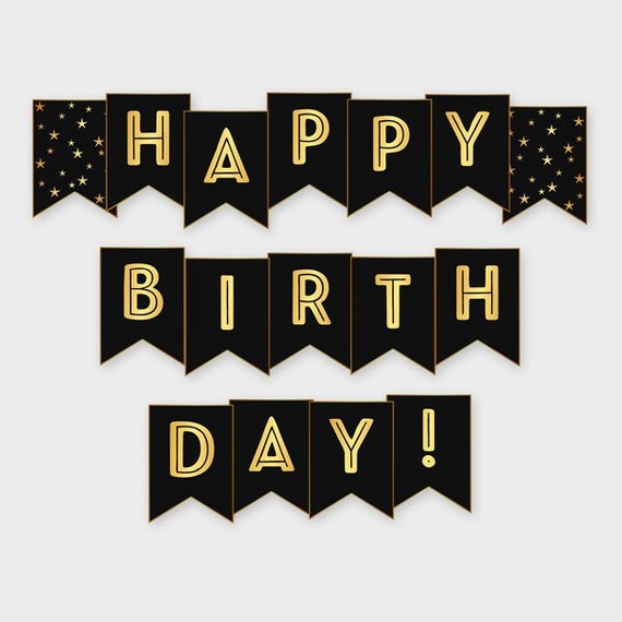 Black & Gold Printable Happy Birthday Banner Birthday Party | Etsy