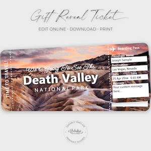 Bilhete de viagem para o Vale da Morte, passagem aérea personalizada, vale-presente para o Vale da Morte / impressão "faça você mesmo", modelo editável