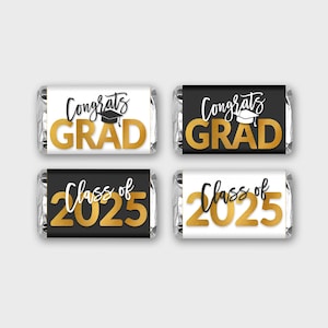 Afstuderen 2025 mini snoeplabel, klasse van 2025 snoepverpakking - zwart-wit en goud - afdrukbare pdf, direct downloaden - #GFC