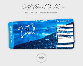 Iceland Travel Ticket, Iceland Gift Ticket, Iceland Airplane Ticket, Gift Reveal Ticket / DIY Print, Editable Template