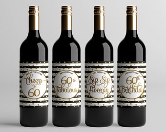60th Birthday Party Wine Labels (Set of 4) - Black-White-Gold Wine Labels - Printable PDF, Instant Download - #GSR