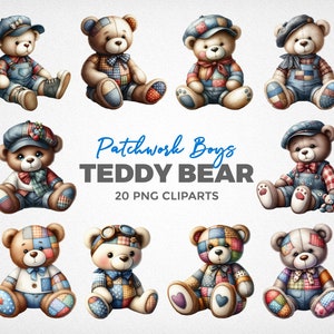 May include: A set of 10 digital clipart images of patchwork teddy bears. The bears are wearing overalls, shirts, and hats. The bears are in various poses, including sitting, standing, and waving. The clipart is perfect for scrapbooking, card making, and other craft projects.
