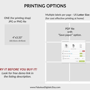 Op de afbeelding: Afbeelding met afdrukopties voor digitale bestanden. Toont opties voor afdrukken in een winkel (JPG- of PNG-bestand) en thuis (PDF-bestand). De bestandsgrootte wordt weergegeven als 10,15 cm x 8,45 cm.