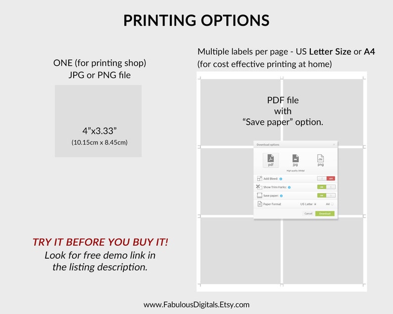 Op de afbeelding: Afbeelding met afdrukopties voor digitale bestanden. Toont opties voor afdrukken in een winkel (JPG- of PNG-bestand) en thuis (PDF-bestand). De bestandsgrootte wordt weergegeven als 10,15 cm x 8,45 cm.