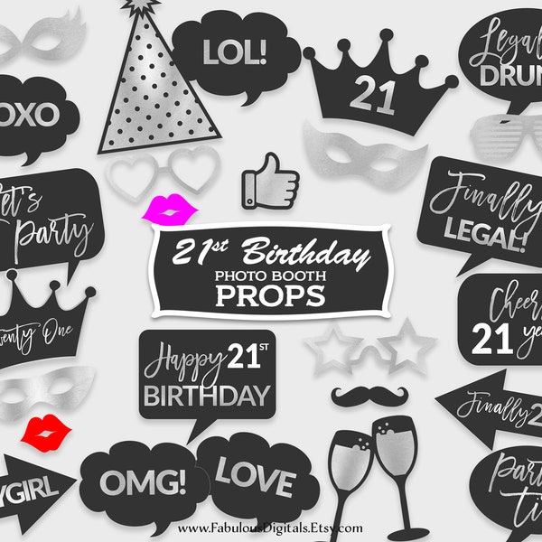 21st Birthday Photo Booth Props / Twenty One Party Props / Black & Silver Foil / Printable PDF, Instant Download - #SFC