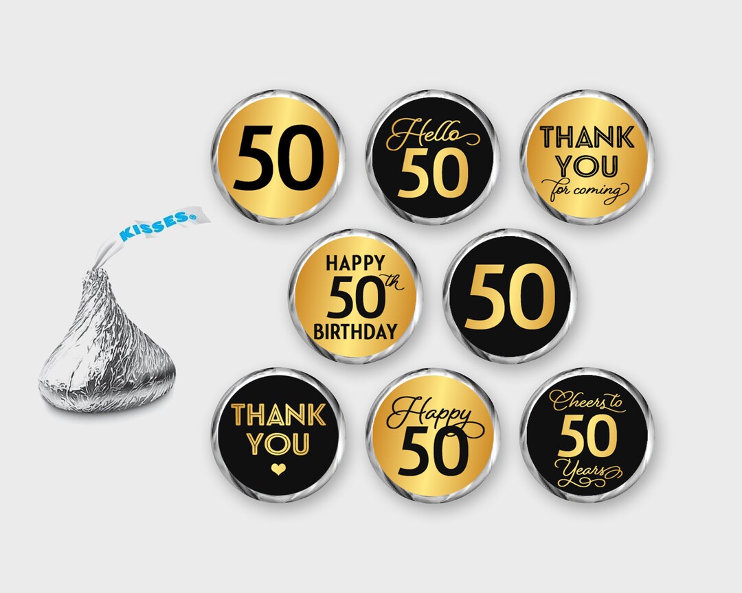 50th Birthday Hershey Kisses Labels, Black &amp; Gold / Kisses Sticker ...