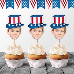 Patriotic Photo Face Cupcake Topper, Uncle Sam&#39;s Hat Custom Face, Independence Day  Cupcake Toppers - Digital File, DIY Print