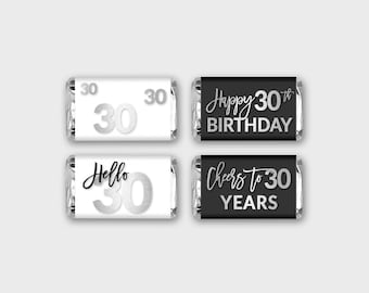 30e anniversaire Mini Candy Wrapper, Mini Candy Label - Black-White & Silver Foil - PDF imprimable, Téléchargement instantané - #SFC