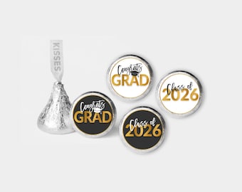 Graduation Hershey Kisses Labels, Class of 2026 Candy Wrapper - Schwarz-Weiß & Gold - Printable PDF, Instant Download - #GFC