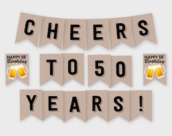 Proost op 50 jaar! Banner verjaardagsfeestje, Cheers & Beers - Decoratie verjaardagsfeestje - afdrukbare pdf, direct downloaden