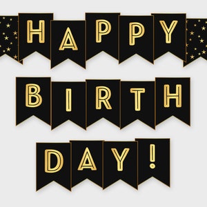 "Happy Birthday Girlande, Schwarz & Gold - Geburtstagsparty - Druckbare PDF, DIY Print, Sofortdownload - #GWR